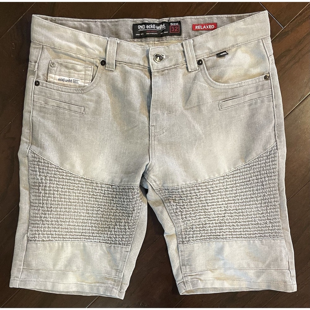 Echo Unltd Denim Gray Mens Shorts Size 32 Relaxed Fit Y2K Grunge Moto Biker